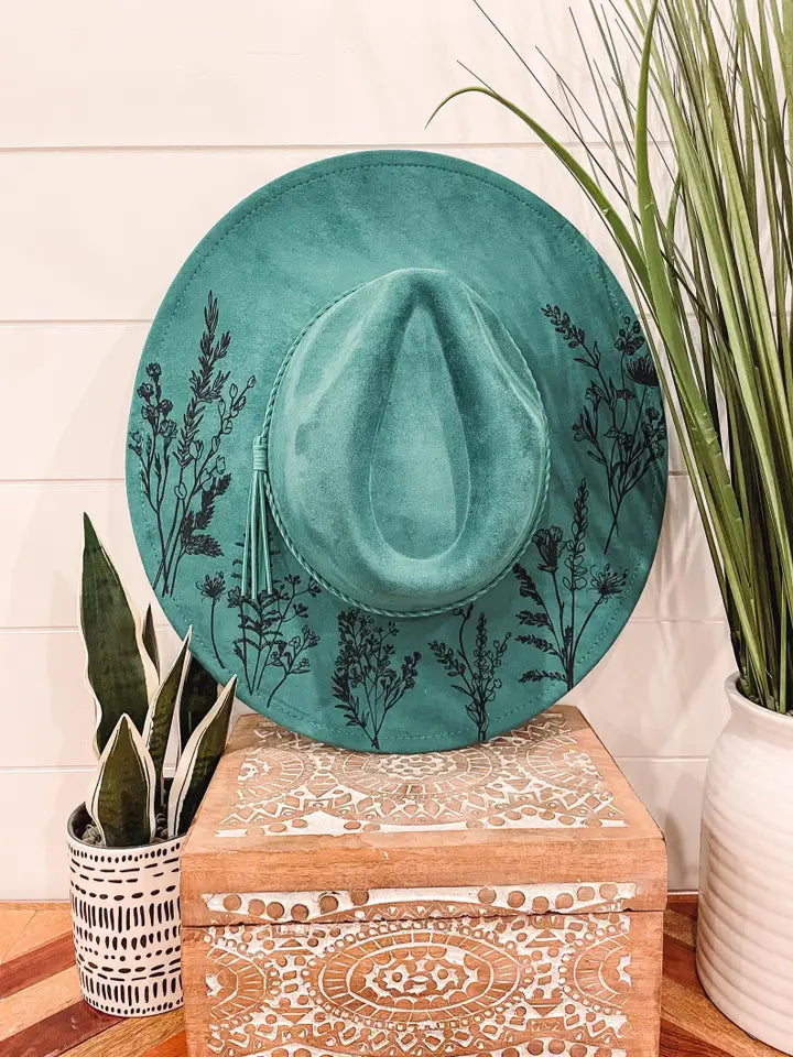 Engraved floral turquoise fedora