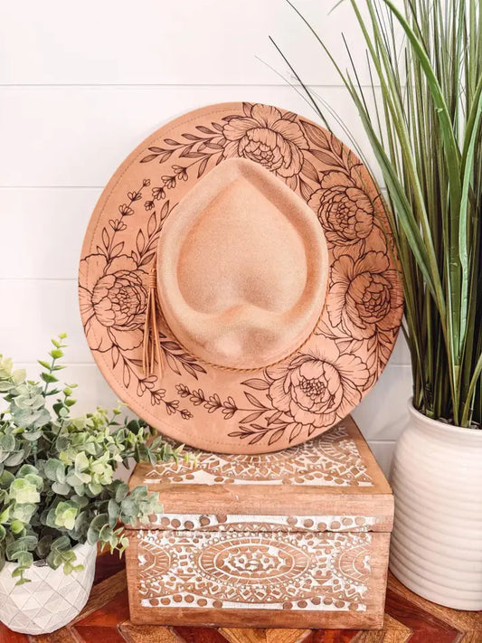 Engraved peony heart fedora