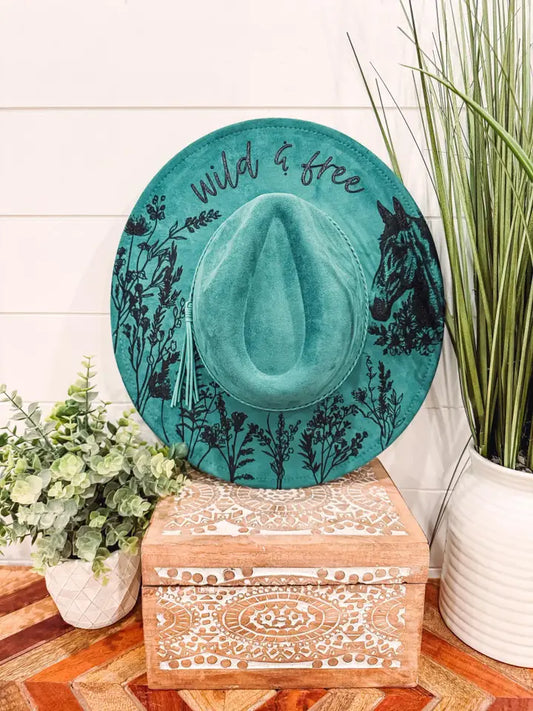 Engraved wild & free turquoise fedora